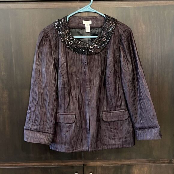 Chico's Purple Plum Embellished Collar Beads Sequin Jacket Hook Closure Medium - Picture 1 of 5